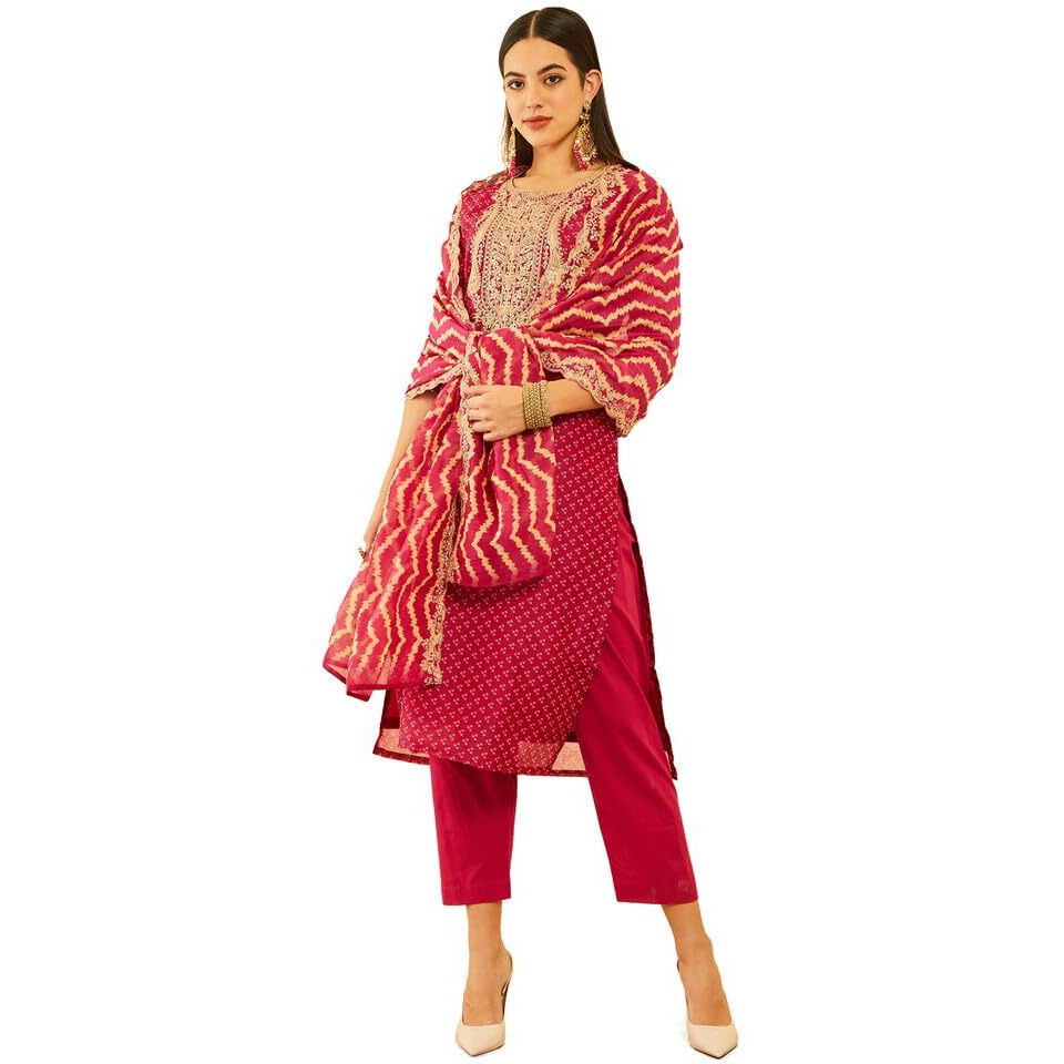 Soch Womens Wine Chanderi Bandhani Printed Suit Set With Sequins Work