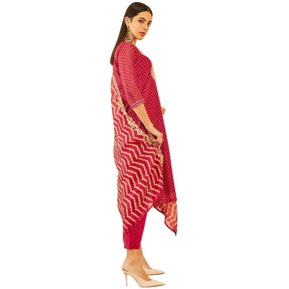 Soch Womens Wine Chanderi Bandhani Printed Suit Set With Sequins Work