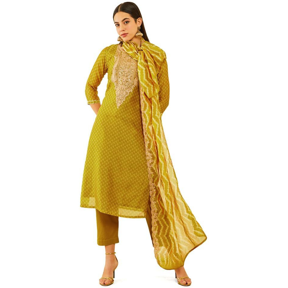 Soch Womens Mustard Chanderi Bandhani Printed Suit Set With Sequins Work