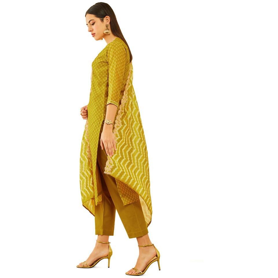 Soch Womens Mustard Chanderi Bandhani Printed Suit Set With Sequins Work
