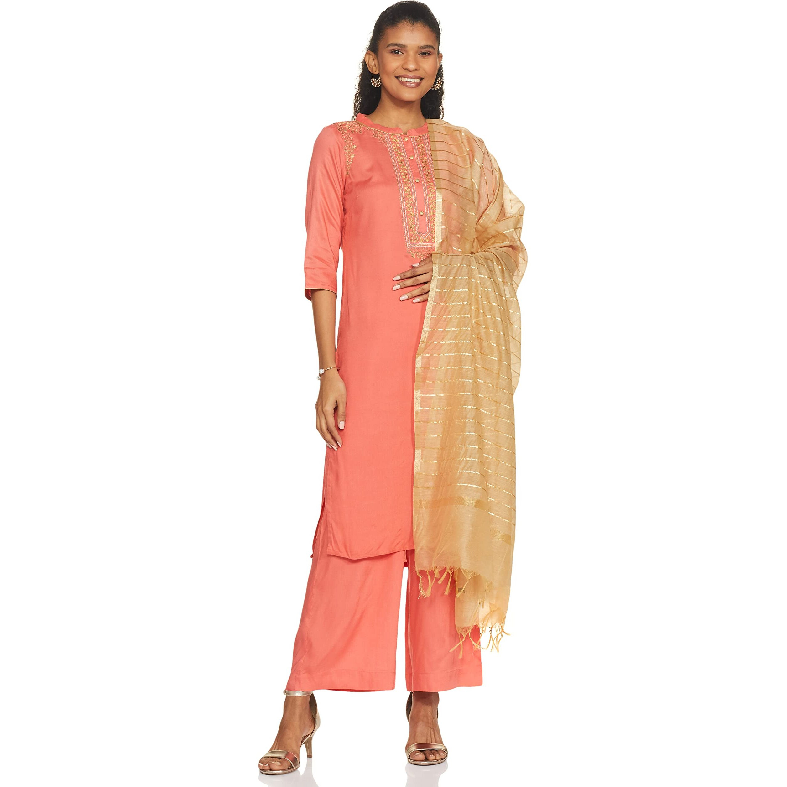 Aurelia Women's Rayon Kurta Pant With Dupatta (21Onas12345-603276-Peach-S), Small, Pink