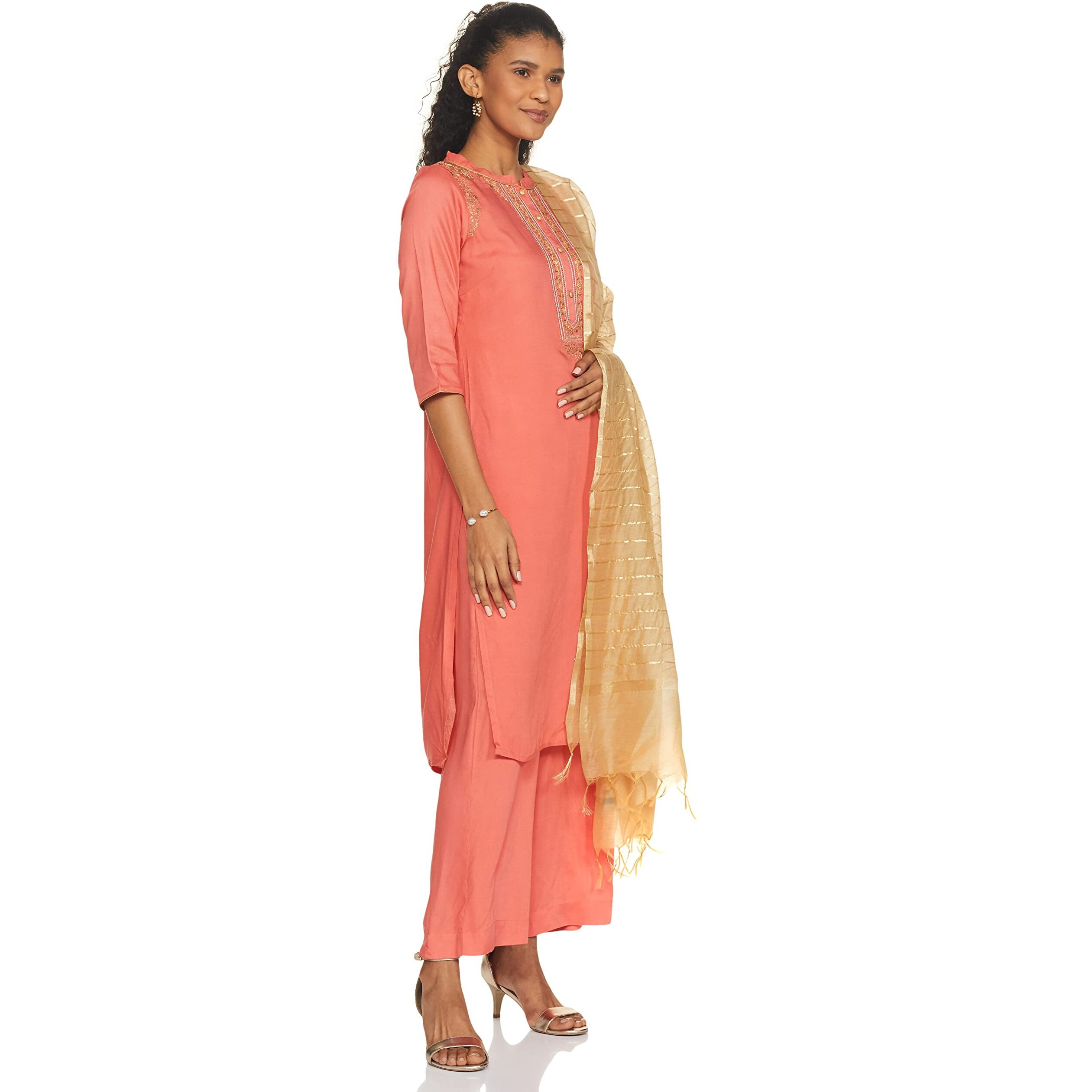 Aurelia Women's Rayon Kurta Pant With Dupatta (21Onas12345-603276-Peach-S), Small, Pink