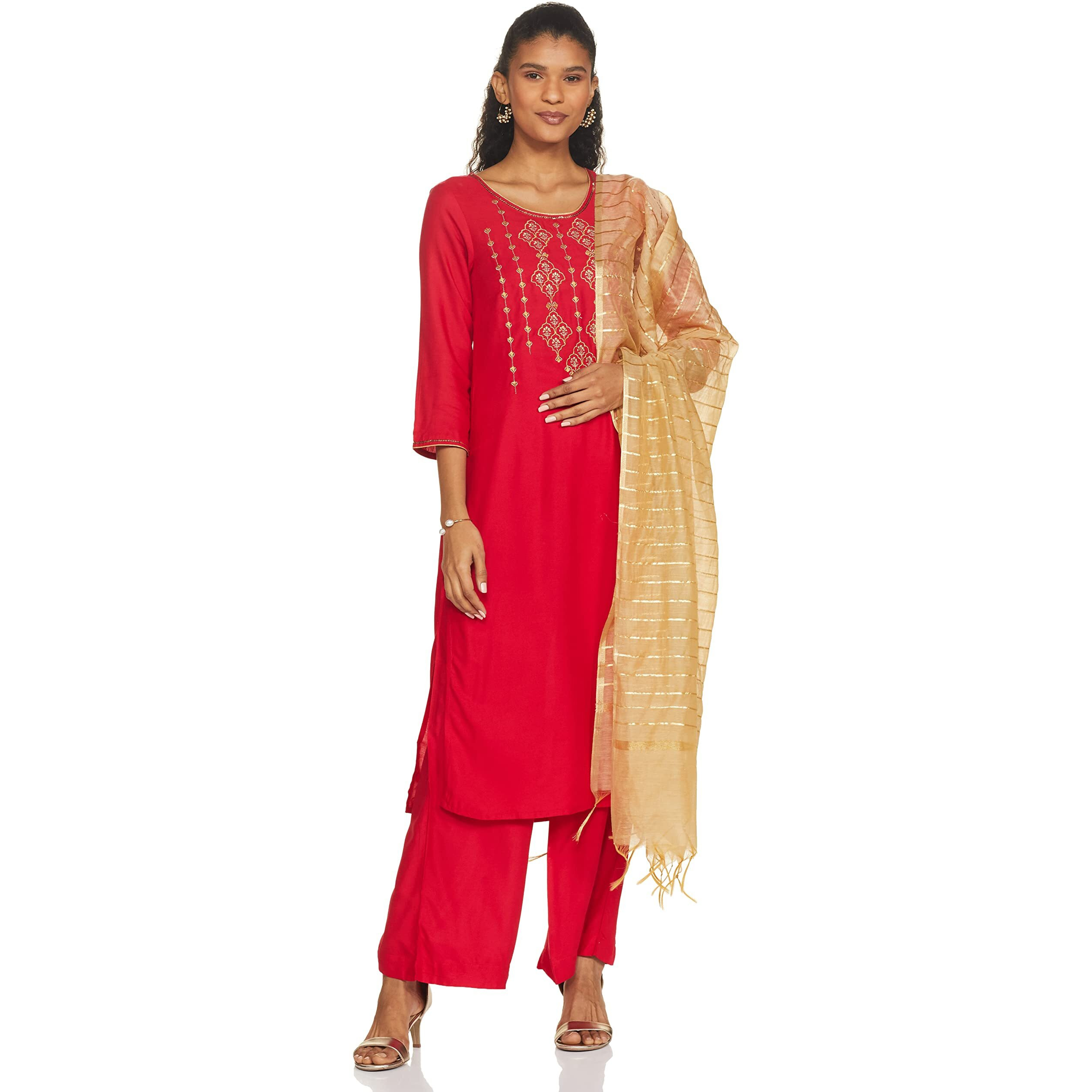 Aurelia Geometric Printed Maroon Zari Embroidered Kurta Dupatta Bottomwear