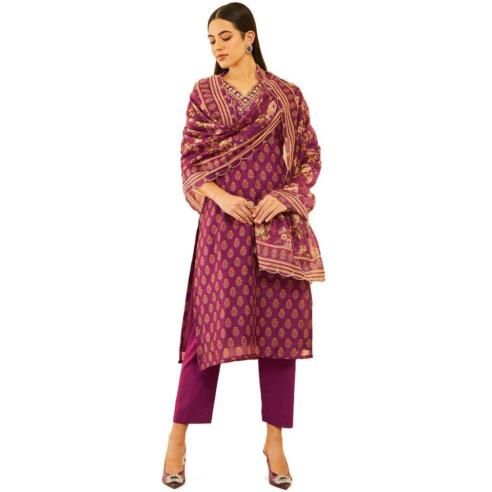 Soch Womens Wine Chanderi Floral Printed Suit Set With Gotta Patti