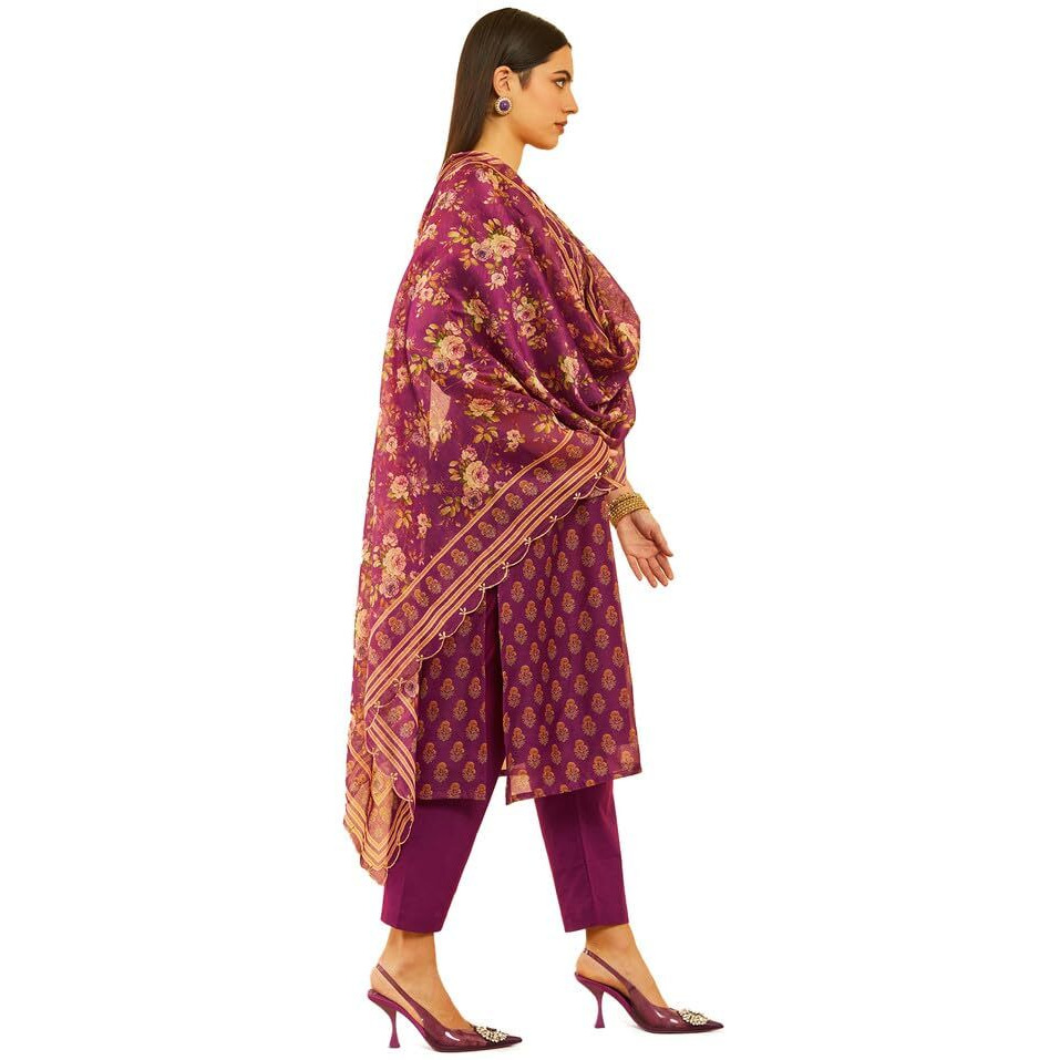 Soch Womens Wine Chanderi Floral Printed Suit Set With Gotta Patti