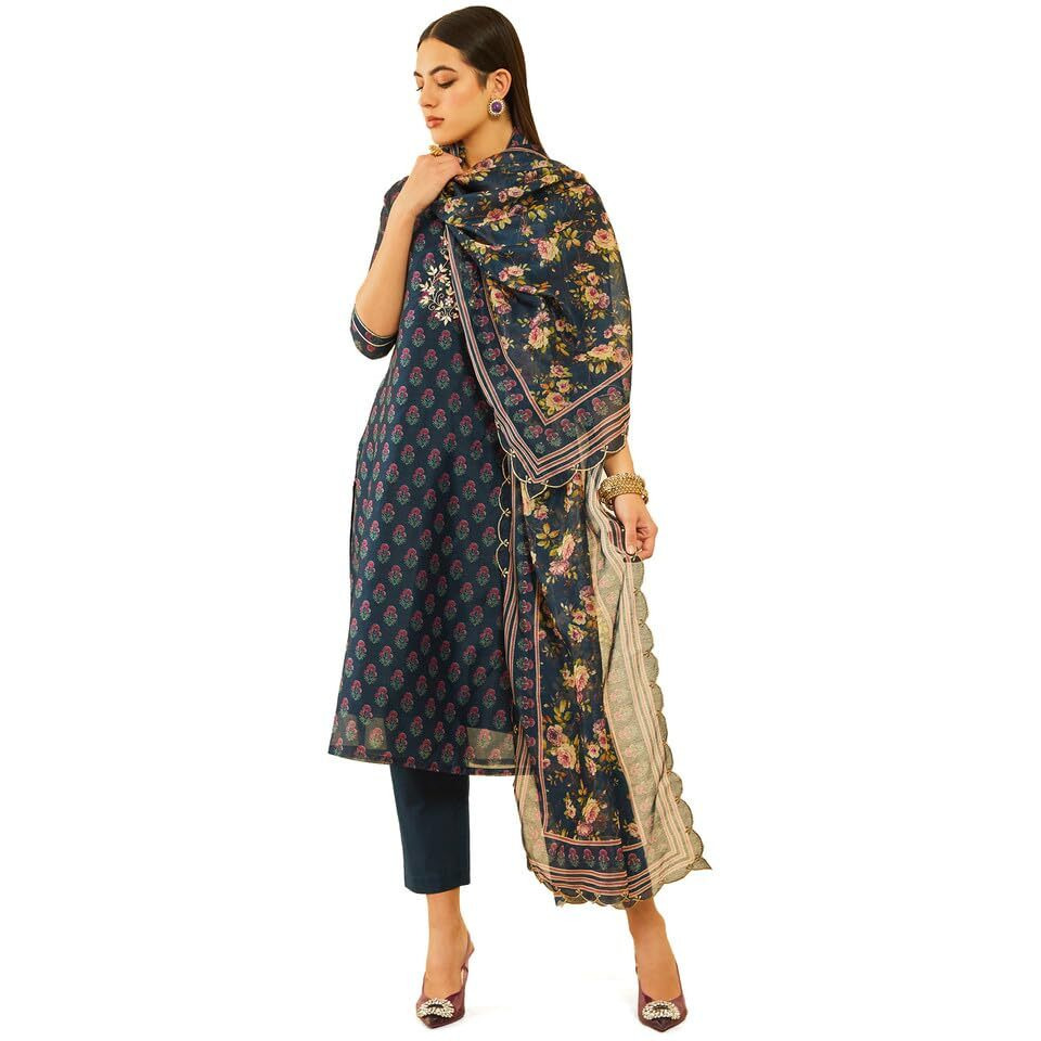 Soch Womens Navy Blue Chanderi Floral Printed Suit Set With Gotta Patti