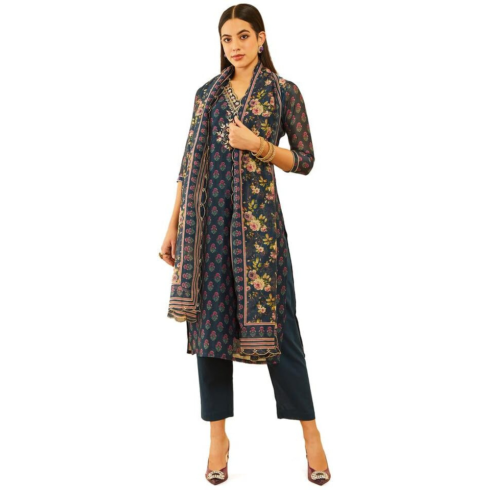 Soch Womens Navy Blue Chanderi Floral Printed Suit Set With Gotta Patti