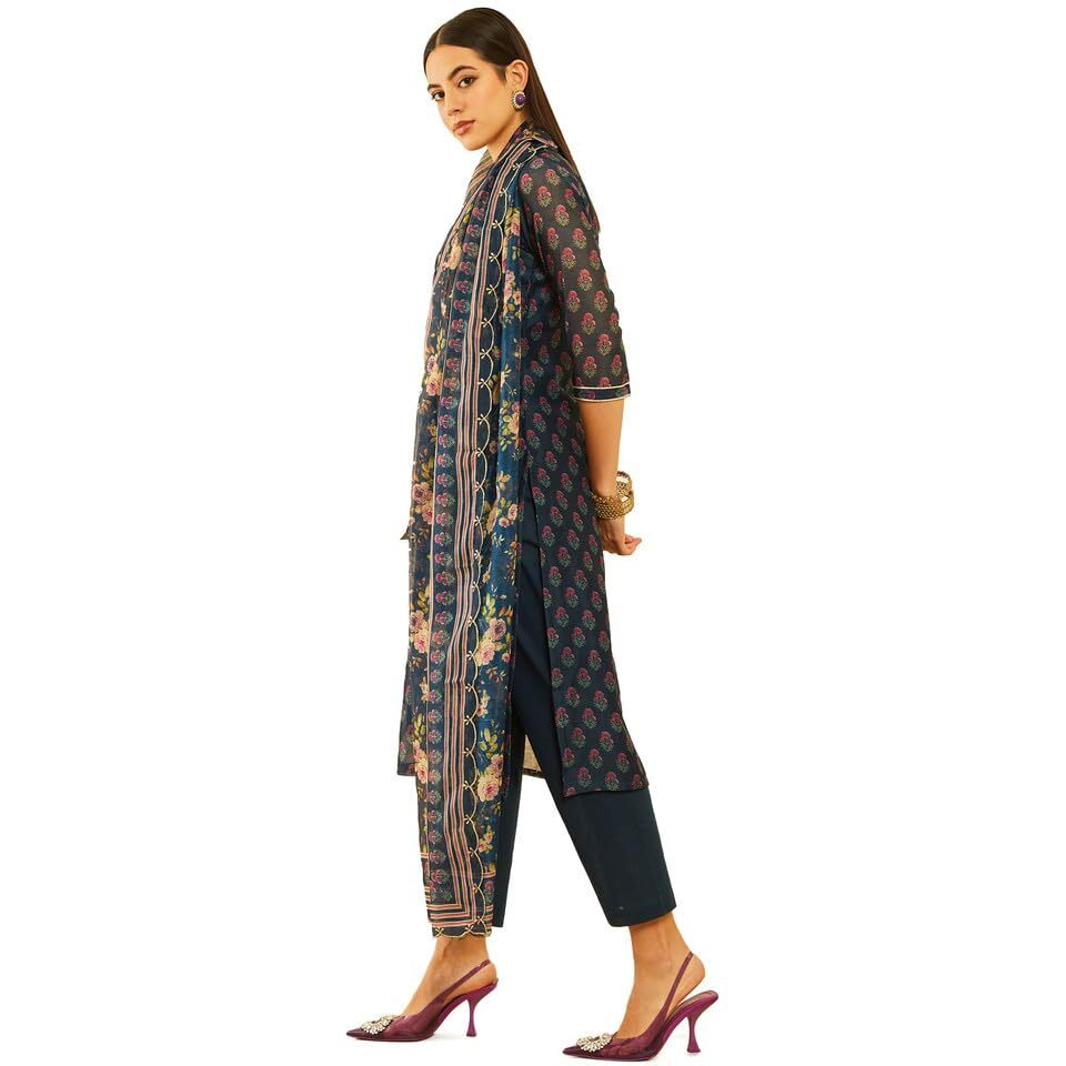 Soch Womens Navy Blue Chanderi Floral Printed Suit Set With Gotta Patti