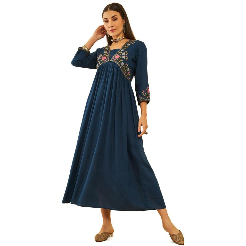 Soch Womens Blue Rayon Slub Floral Embroidered Empire Ethnic Dress