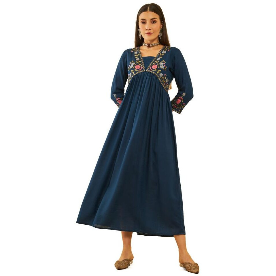 Soch Womens Blue Rayon Slub Floral Embroidered Empire Ethnic Dress