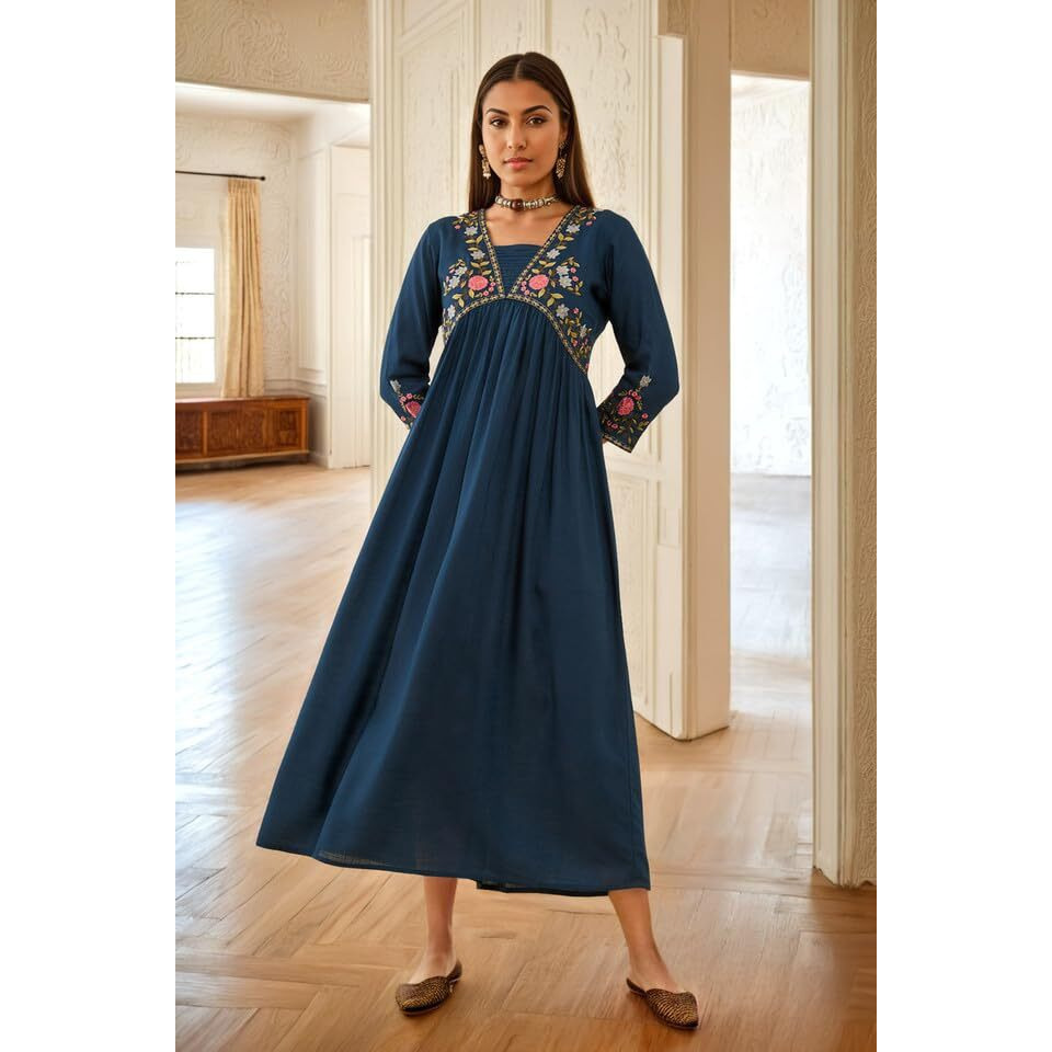 Soch Womens Blue Rayon Slub Floral Embroidered Empire Ethnic Dress