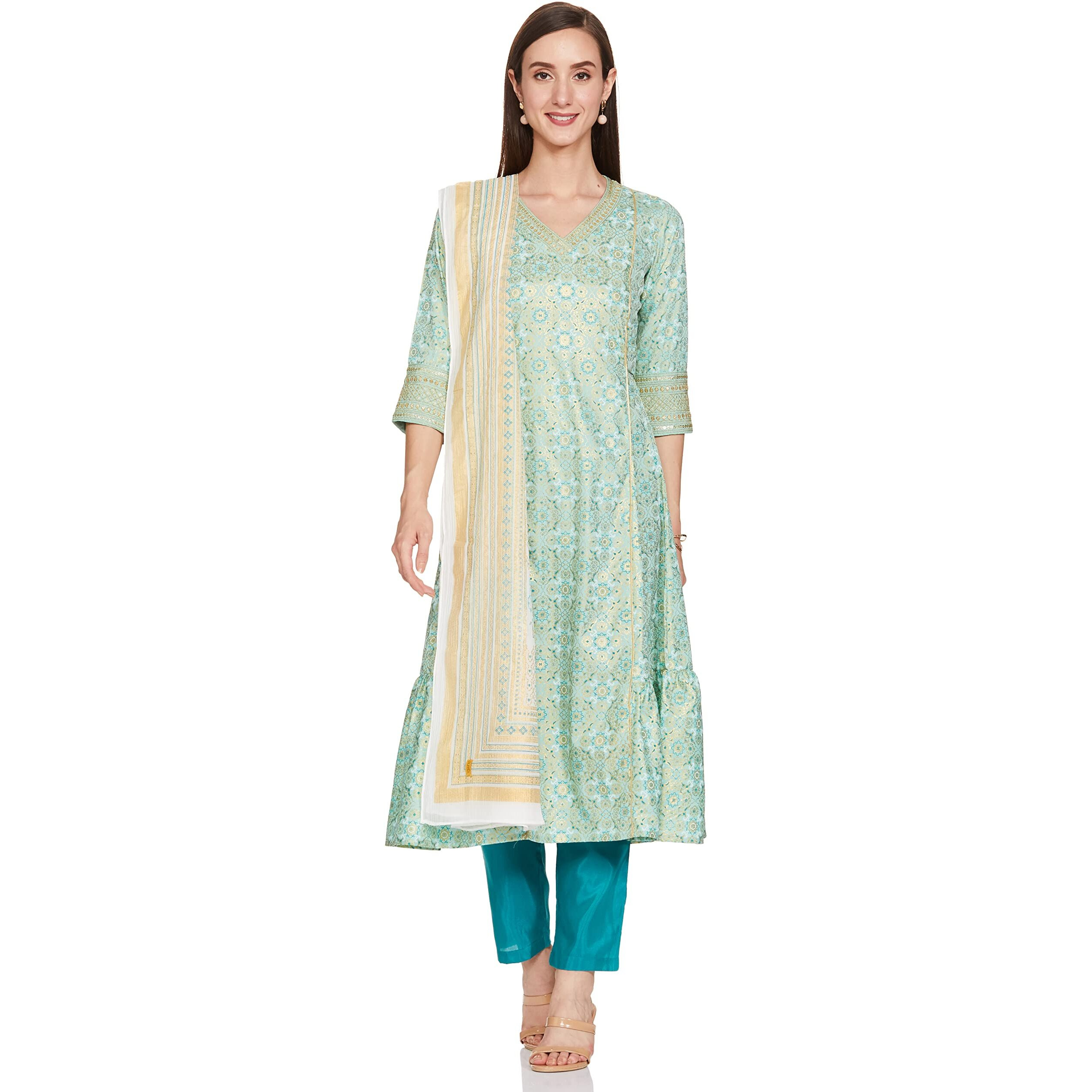 Green Printed Kurta-Golden Trouser- Dupatta Set