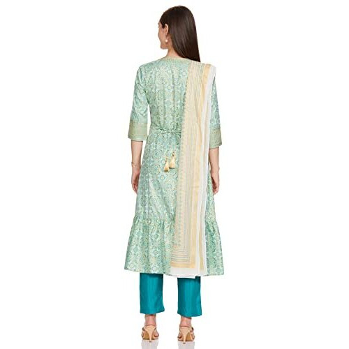 Green Printed Kurta-Golden Trouser- Dupatta Set