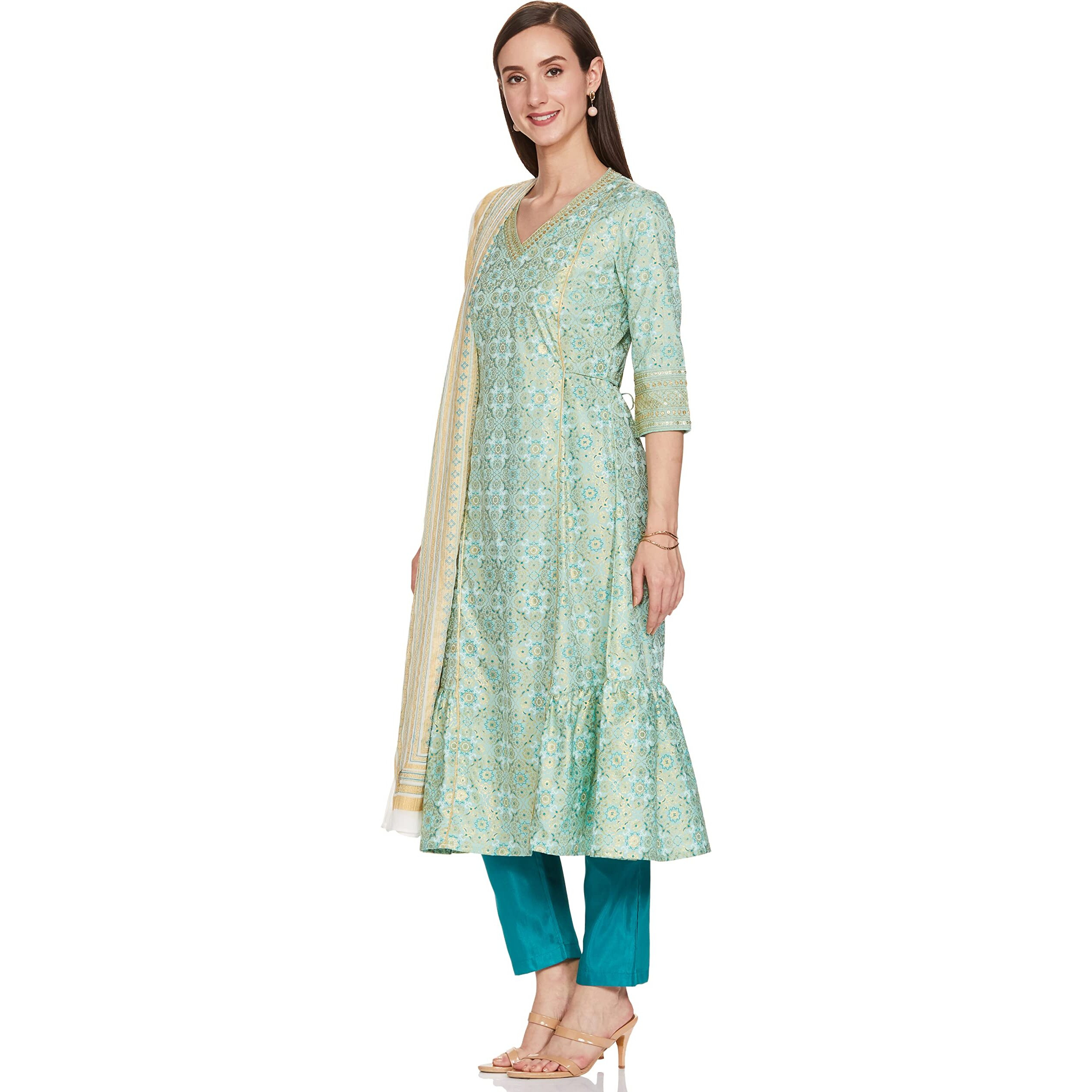 Green Printed Kurta-Golden Trouser- Dupatta Set