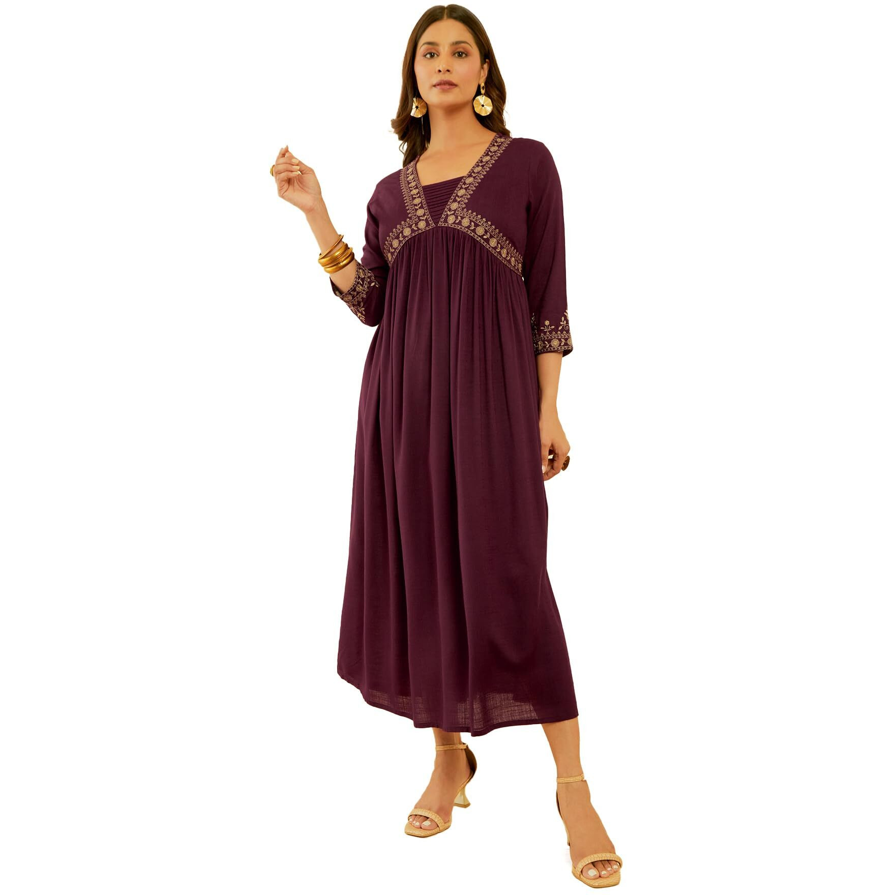 Soch Womens Wine Rayon Slub Floral Embroidered Empire Ethnic Dress