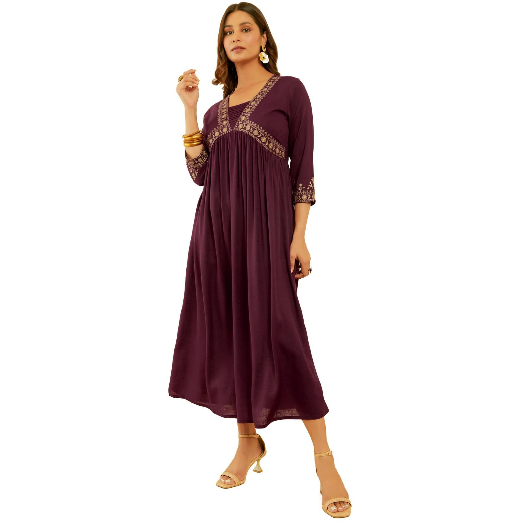 Soch Womens Wine Rayon Slub Floral Embroidered Empire Ethnic Dress