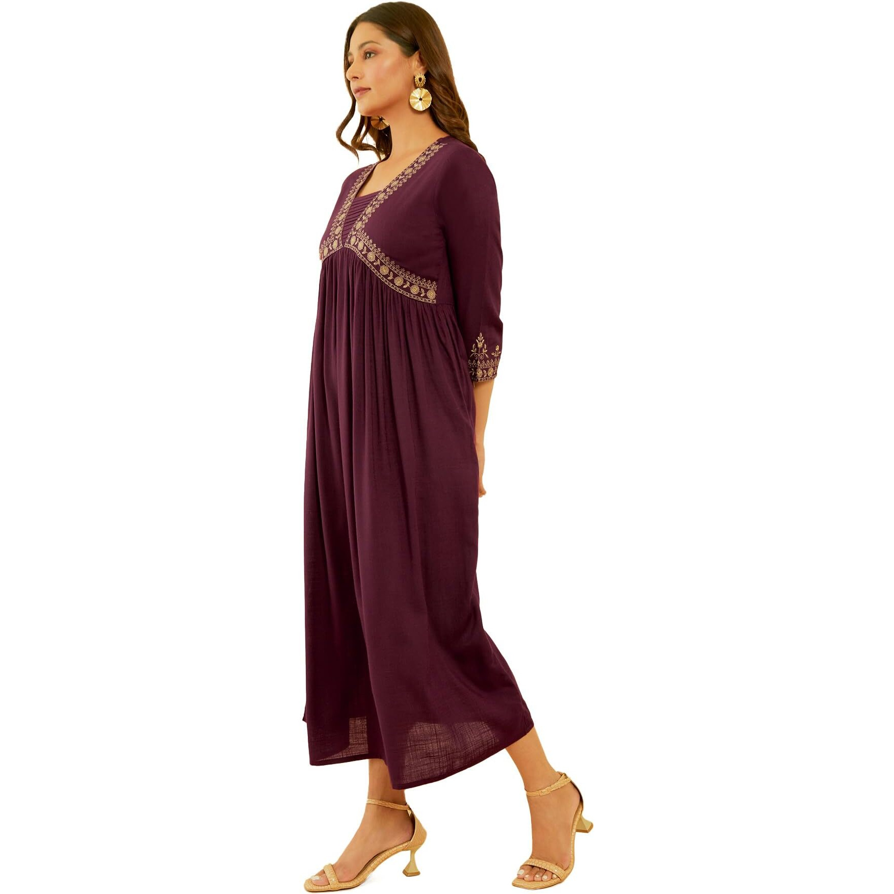 Soch Womens Wine Rayon Slub Floral Embroidered Empire Ethnic Dress