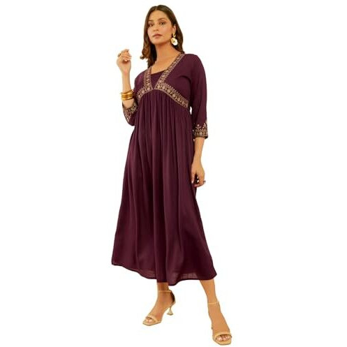 Soch Womens Wine Rayon Slub Floral Embroidered Empire Ethnic Dress