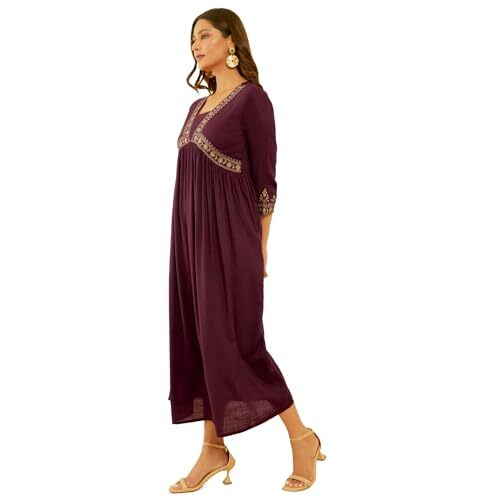Soch Womens Wine Rayon Slub Floral Embroidered Empire Ethnic Dress