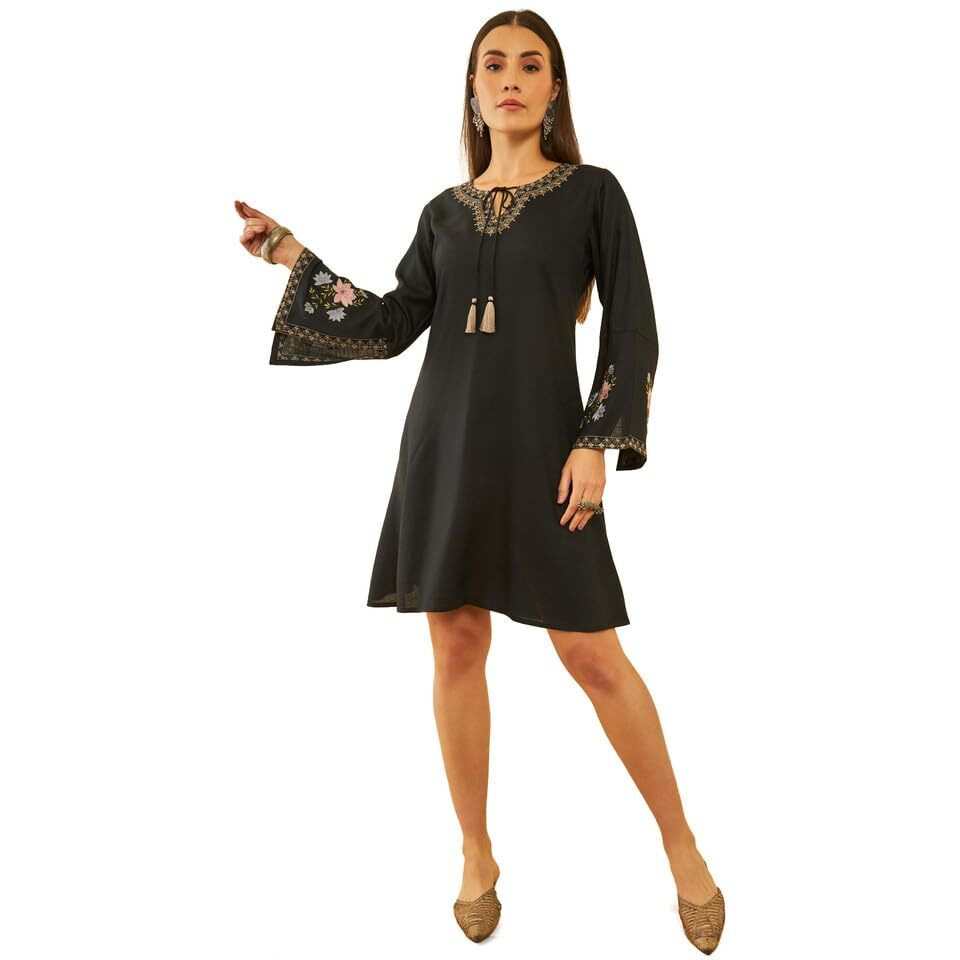 Soch Womens Black Rayon Slub Floral Embroidered A-Line Ethnic Dress