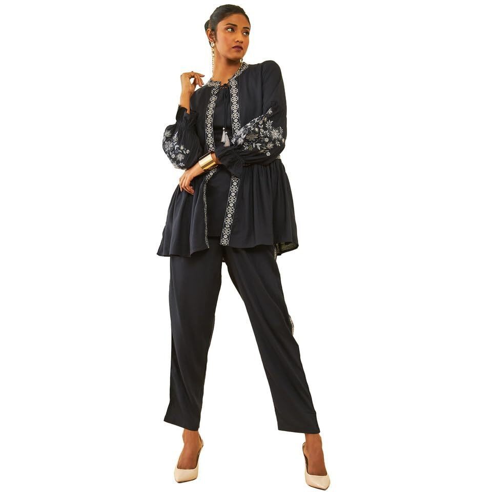 Soch Womens Navy Blue Rayon Slub Three-Piece Co-Ord Set With Thread Work