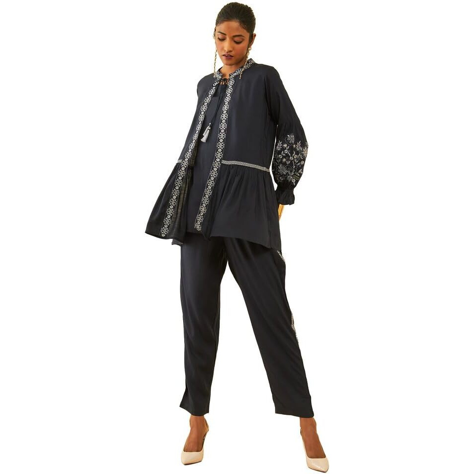 Soch Womens Navy Blue Rayon Slub Three-Piece Co-Ord Set With Thread Work