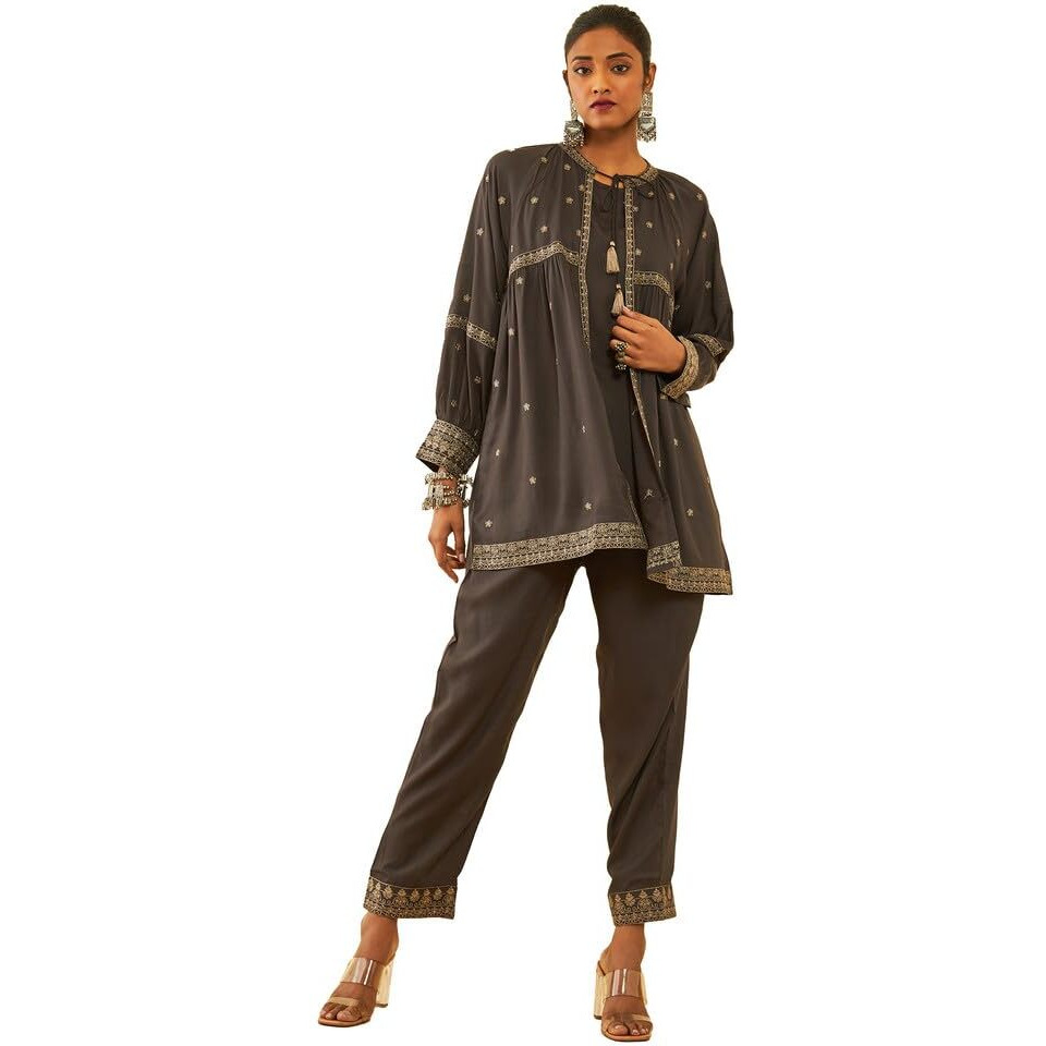 Soch Womens Charcoal Rayon Slub Three-Piece Co-Ord Set With Thread Work