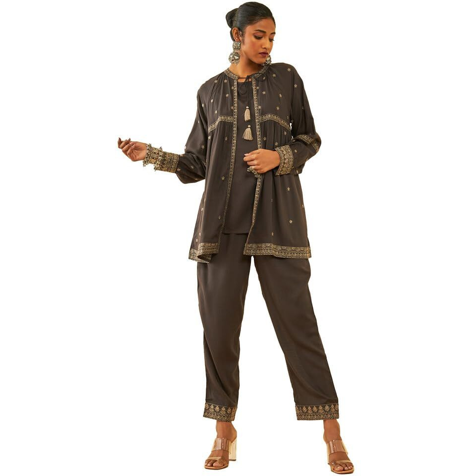 Soch Womens Charcoal Rayon Slub Three-Piece Co-Ord Set With Thread Work