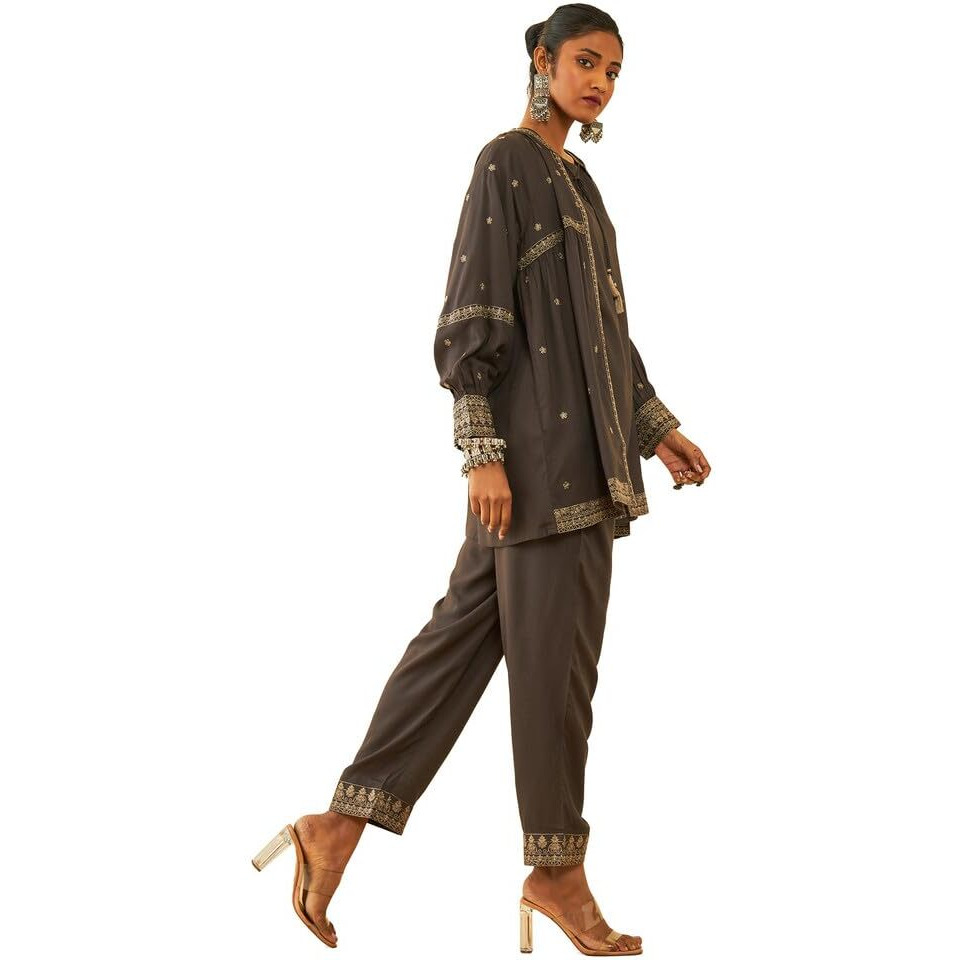 Soch Womens Charcoal Rayon Slub Three-Piece Co-Ord Set With Thread Work