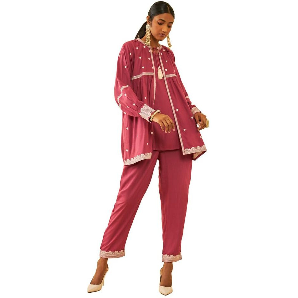 Soch Womens Onion Pink Rayon Slub Three-Quarter Co-Ord Set With Thread Work