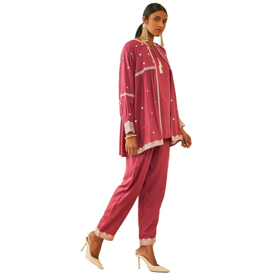 Soch Womens Onion Pink Rayon Slub Three-Quarter Co-Ord Set With Thread Work