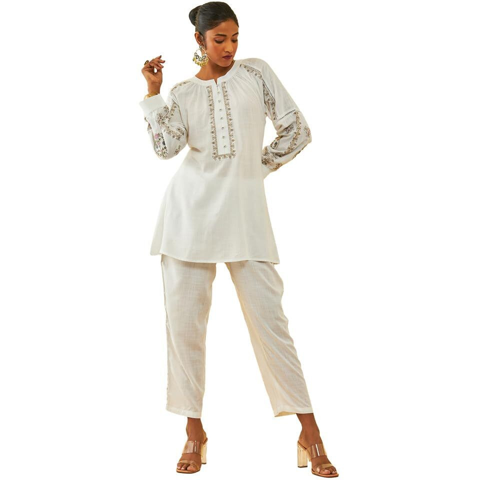 Soch Womens White Rayon Slub Embroidered Co-Ord Set With Lace Attached