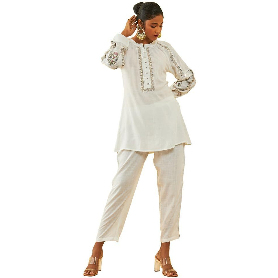 Soch Womens White Rayon Slub Embroidered Co-Ord Set With Lace Attached