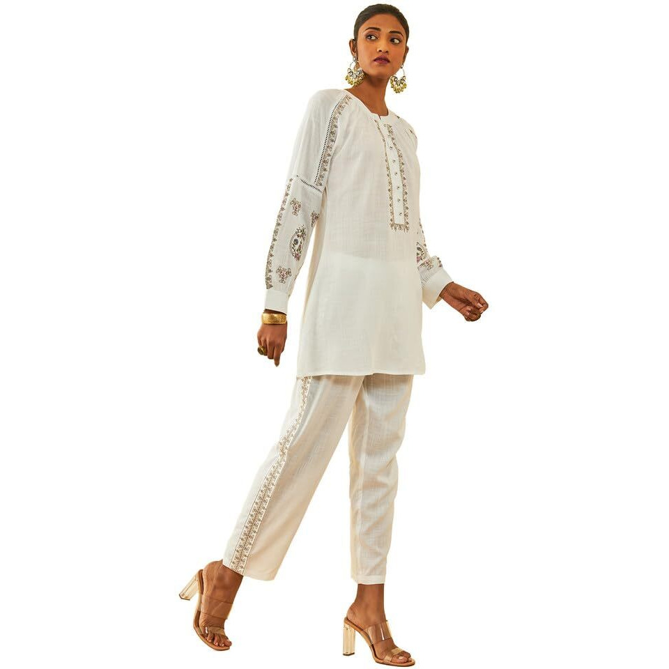 Soch Womens White Rayon Slub Embroidered Co-Ord Set With Lace Attached