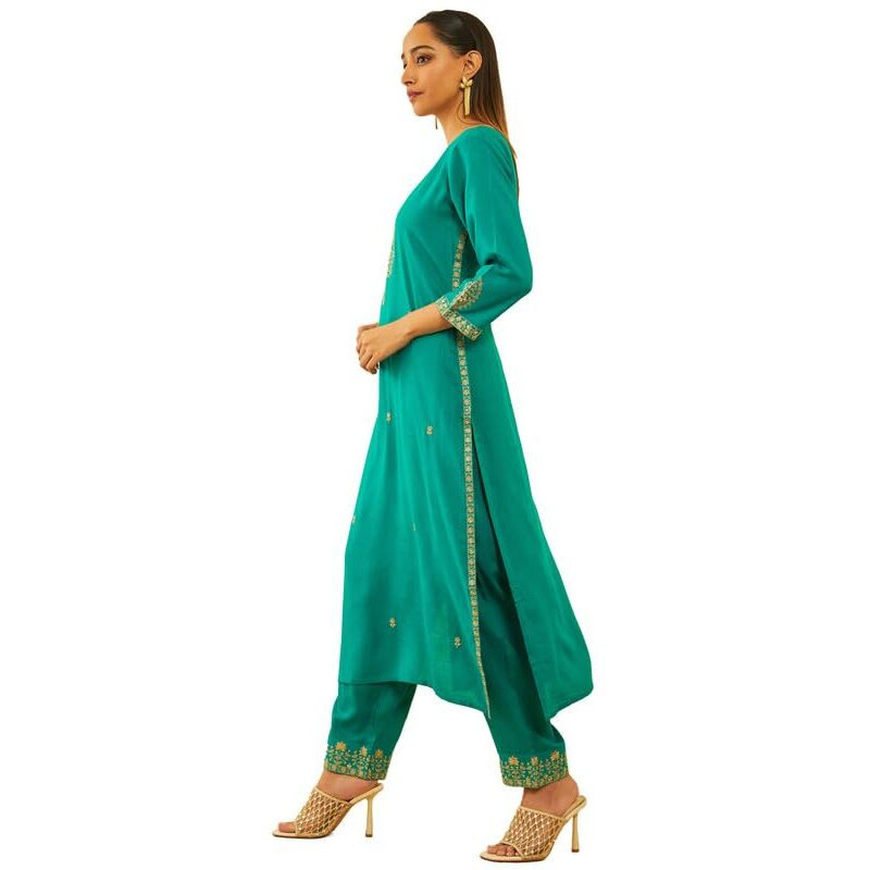 Soch Womens Teal Rayon Slub Embroidered Kurta Set With Faux Mirror
