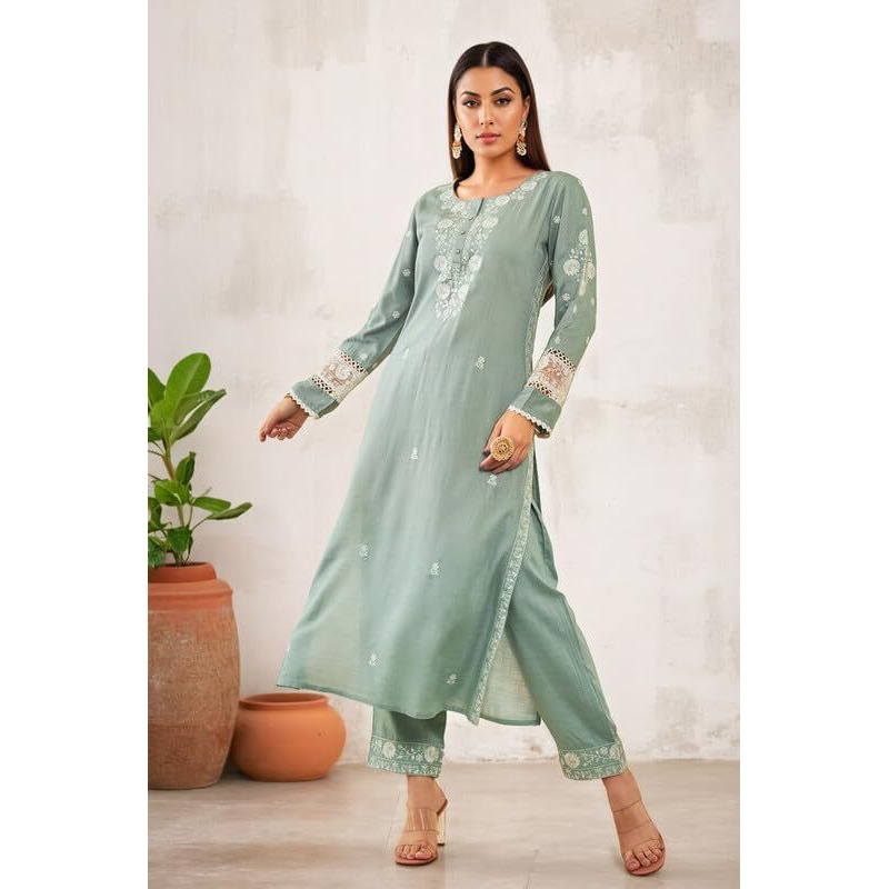 Soch Womens Powder Blue Rayon Slub Embroidered Kurta Set With Faux Mirror Work