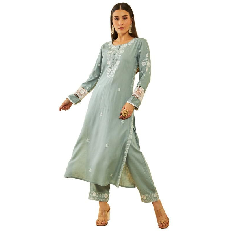 Soch Womens Powder Blue Rayon Slub Embroidered Kurta Set With Faux Mirror Work
