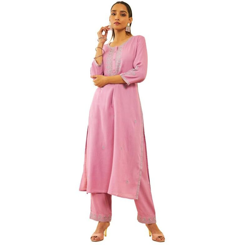 Soch Womens Blush Pink Rayon Slub Embroidered Kurta Set With Sequins
