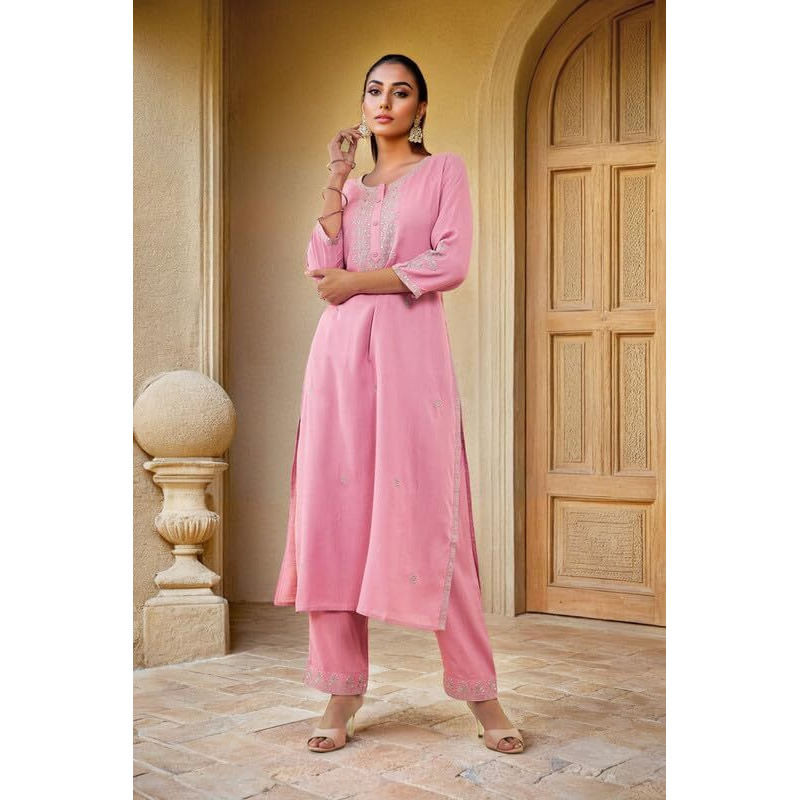Soch Womens Blush Pink Rayon Slub Embroidered Kurta Set With Sequins