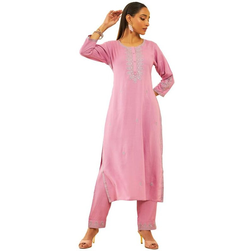 Soch Womens Blush Pink Rayon Slub Embroidered Kurta Set With Sequins