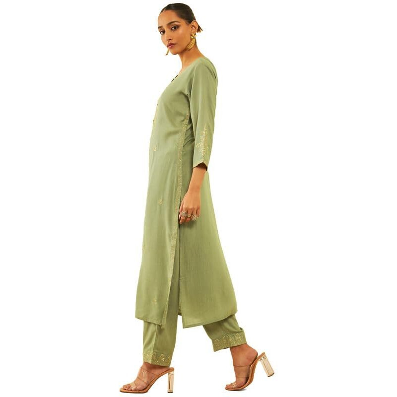 Soch Womens Green Rayon Slub Embroidered Kurta Set With Sequins