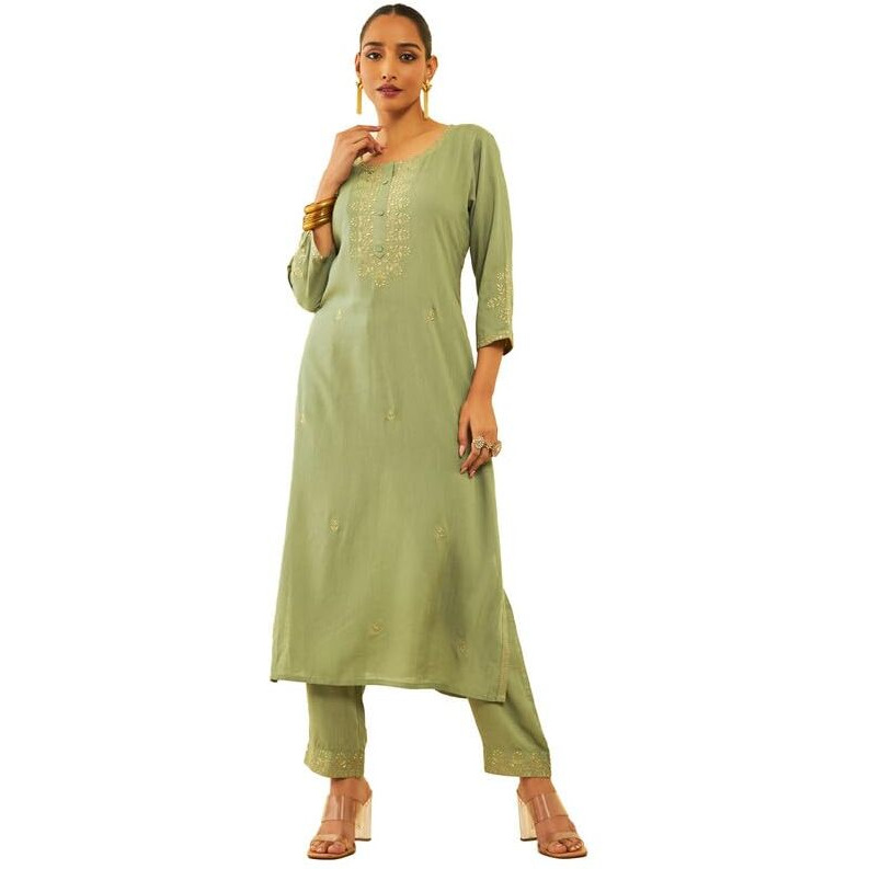 Soch Womens Green Rayon Slub Embroidered Kurta Set With Sequins