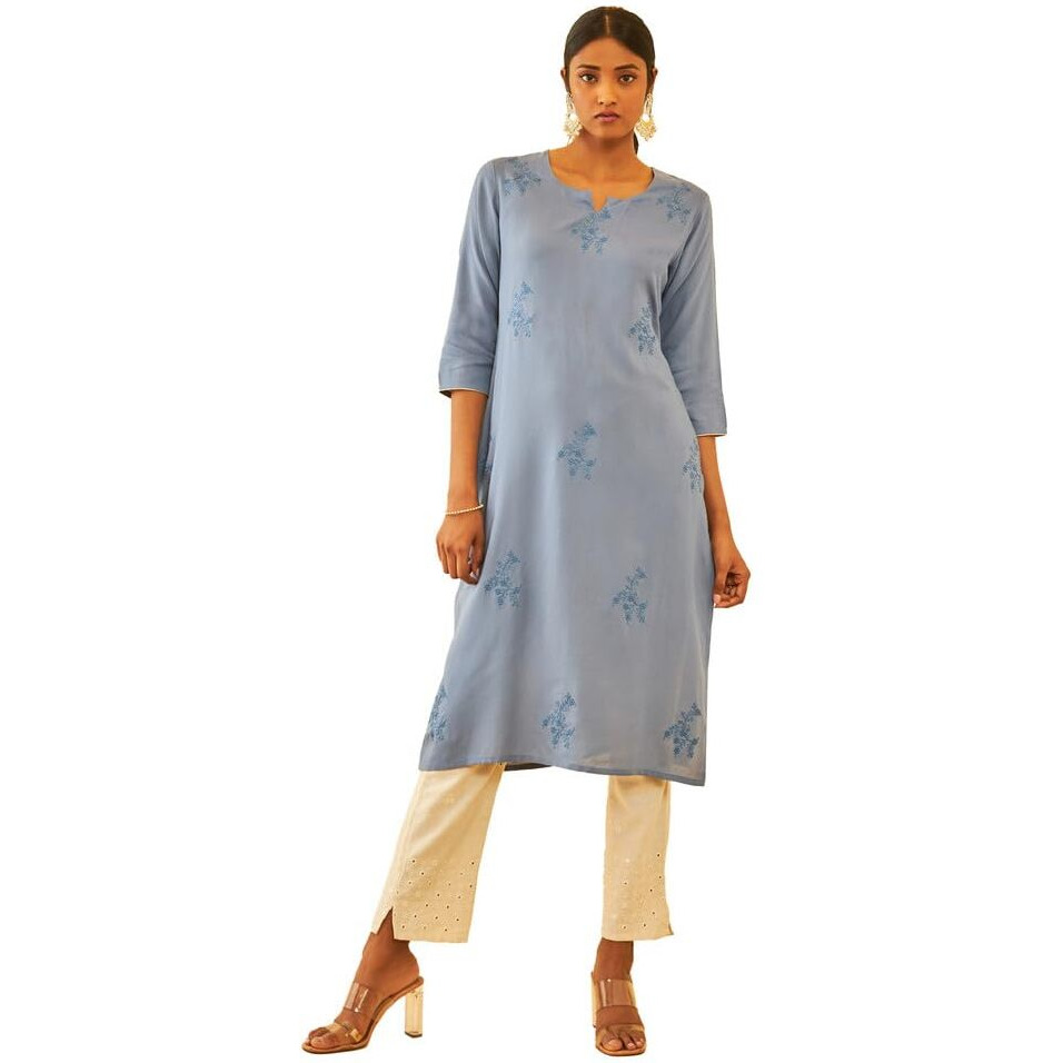 Soch Womens Navy Blue Rayon Floral Embroidered Straight Kurta