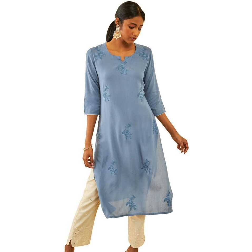 Soch Womens Navy Blue Rayon Floral Embroidered Straight Kurta