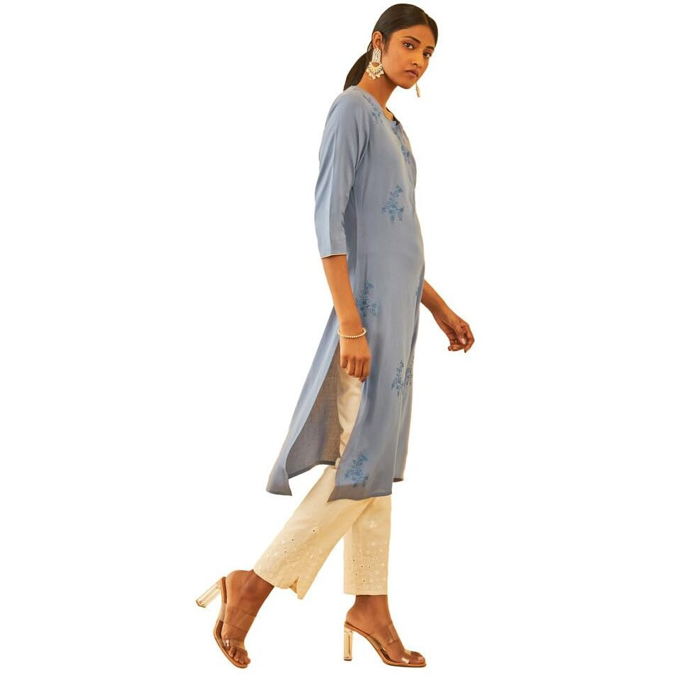 Soch Womens Navy Blue Rayon Floral Embroidered Straight Kurta