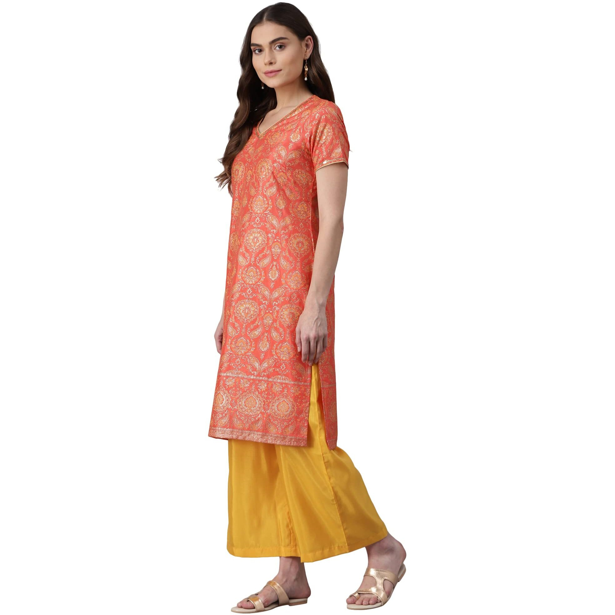 Aurelia Women's Polyester Kurta-Straight Palazzo (21Onas12906-505020_Orange_S)