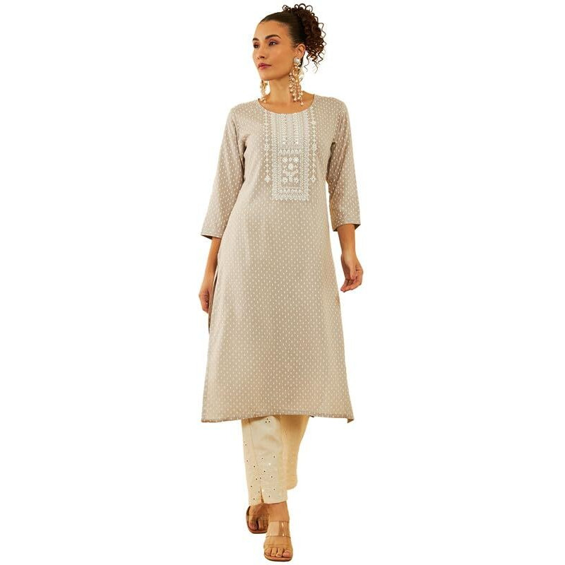 Soch Womens Grey Rayon Floral Printed Kurta With Faux Mirror