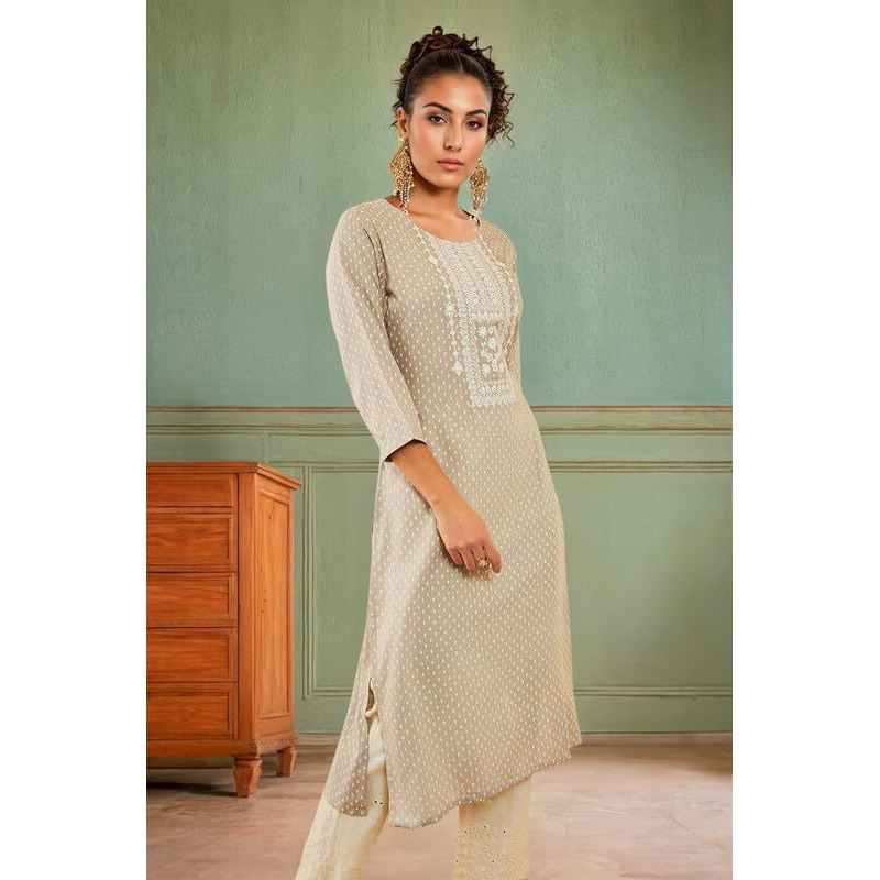 Soch Womens Grey Rayon Floral Printed Kurta With Faux Mirror