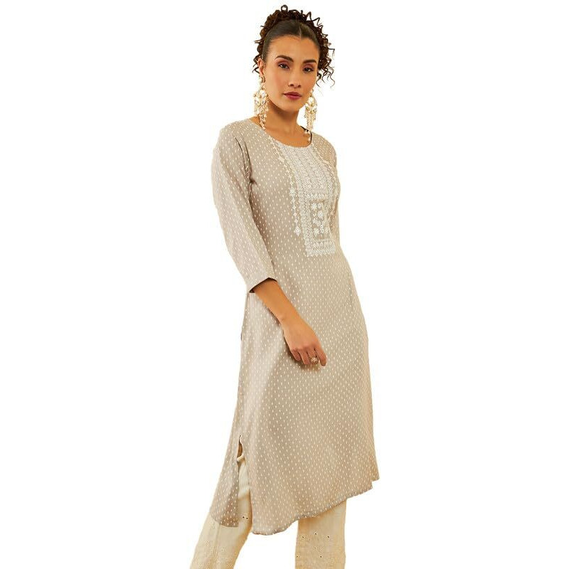 Soch Womens Grey Rayon Floral Printed Kurta With Faux Mirror