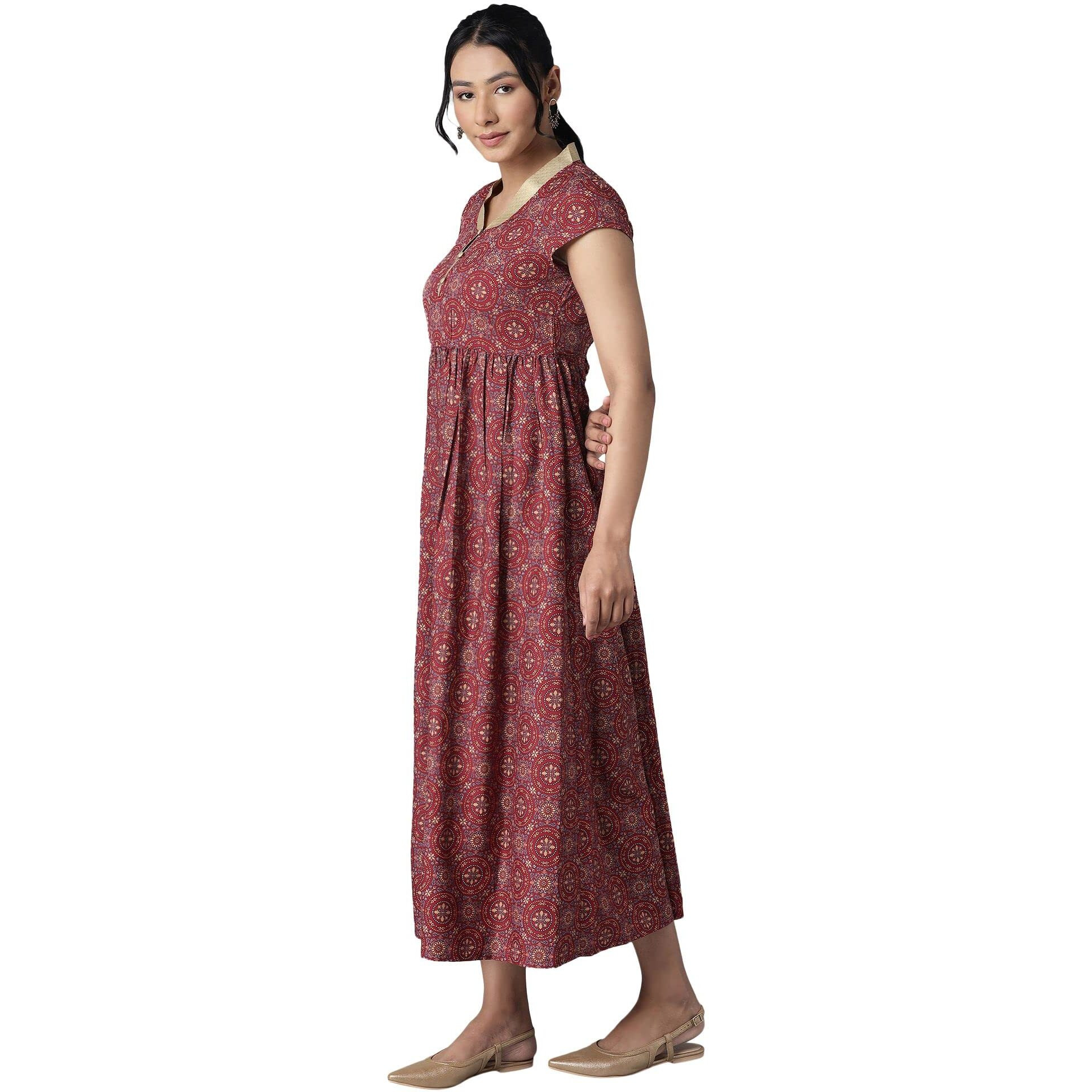 Aurelia Women's Polyester Flared Ankle Length Casual Dress (21Ona12925-505081_Maroon_S)